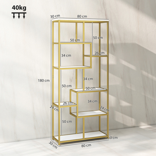 HOMCOM Seven-Tier Geometric Bookcase - White/Gold Tone