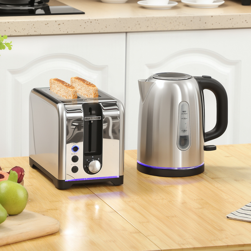 HOMCOM Simple Polished Toaster and Kettle Set - Silver Tone