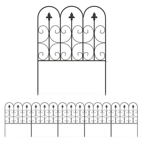 Outsunny Decorative Garden Fencing, 83cm (H) x 3m (L) 5PCs Outdoor Picket Fence Panels, Rustproof Metal Wire Landscape Flower Bed Border Edging Animal Barrier, Black