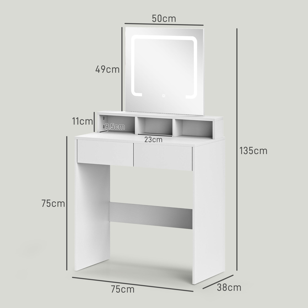HOMCOM Storage Dressing Table, with LED Light Mirror - White