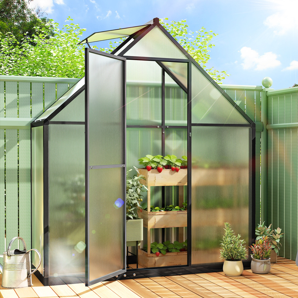 Outsunny Polycarbonate Greenhouse with Swing Door and Adjustable Window, Walk-in Greenhouse, 5.5 x 2ft, Black