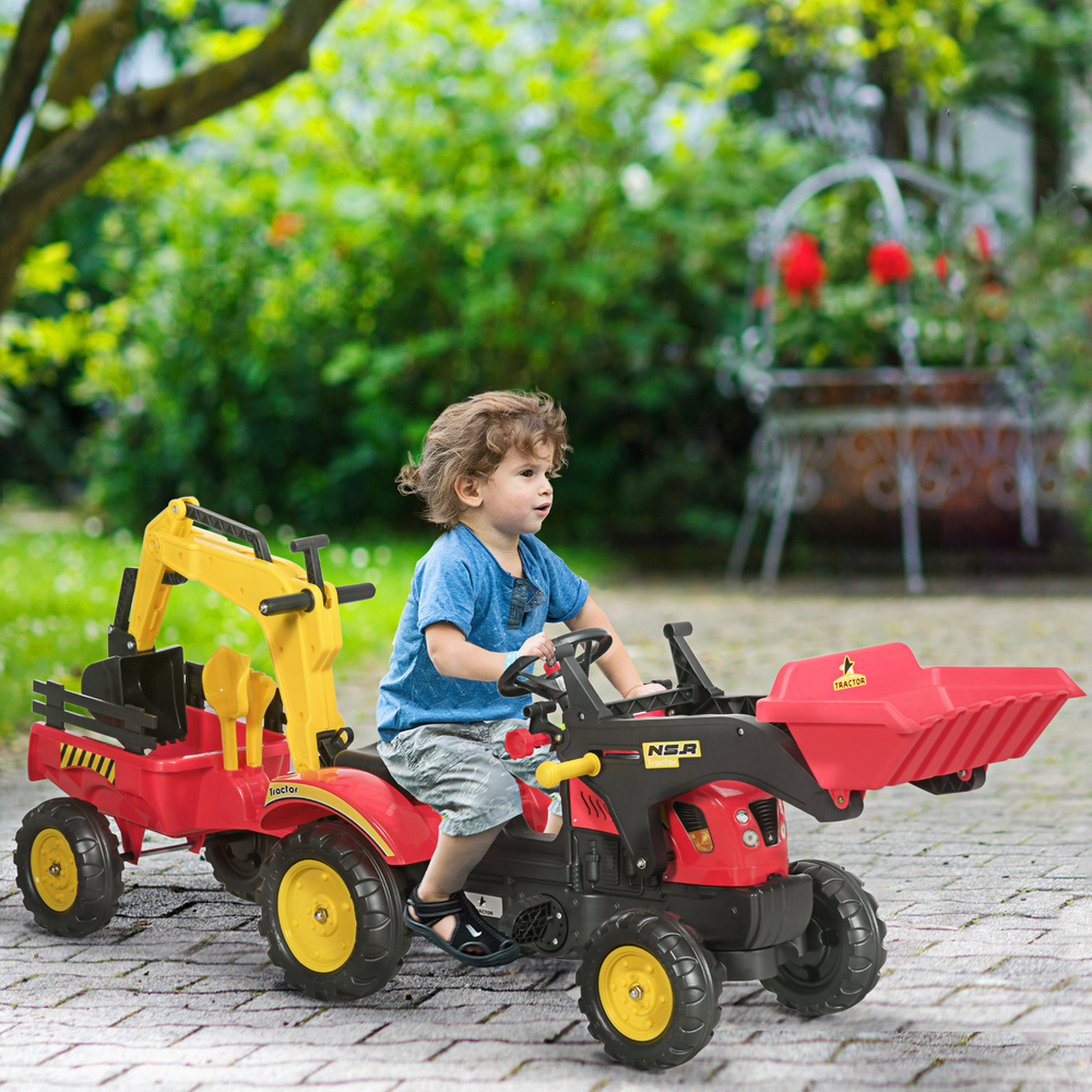 HOMCOM Ride On Tractor for Kids, 3 in 1 Ride On Excavator Toy Car with Adjustable Bucket, Digger and Removable Trailer, Pretend Play Construction Truck for 3-6 Years