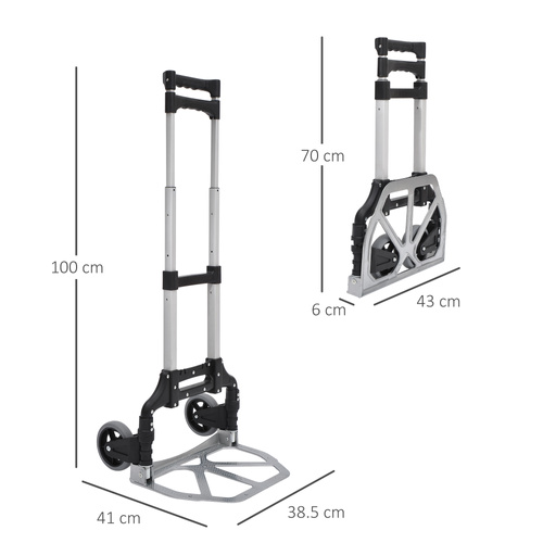 HOMCOM Aluminium Folding Hand Truck Trolley, Heavy Duty Foldable Sack Cart with Adjustable Telescoping Handle, 70KG Load Capacity