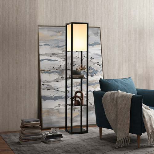 HOMCOM Floor Lamp with Shelves and Top Light, Modern Corner Standing Lamp with TC Fabric Lampshade for Living Room, Bedroom, Bulb not Included, Black