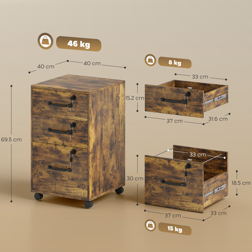 HOMCOM Three Drawer Wood-Effect Filing Cabinet - Rustic Brown