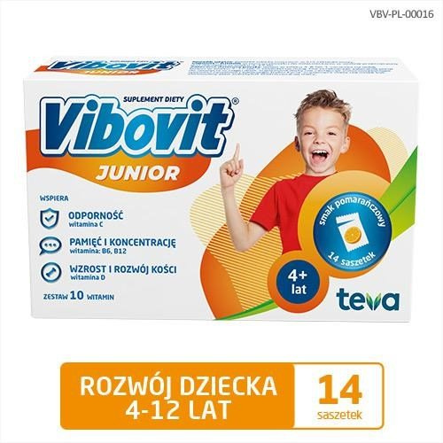 Vibovit Junior o Smaku Pomarańczowym Wspierający Rozwój Dziecka 4-12 Lat 14 Saszetek