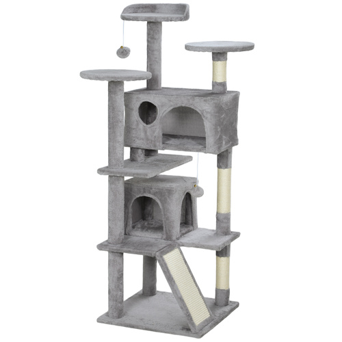 PawHut 138cm Cat Tree, Multi-Level Cat Tower with Scratching Posts and Pad, Bed, Condos, Platforms, Toy Balls, Light Grey
