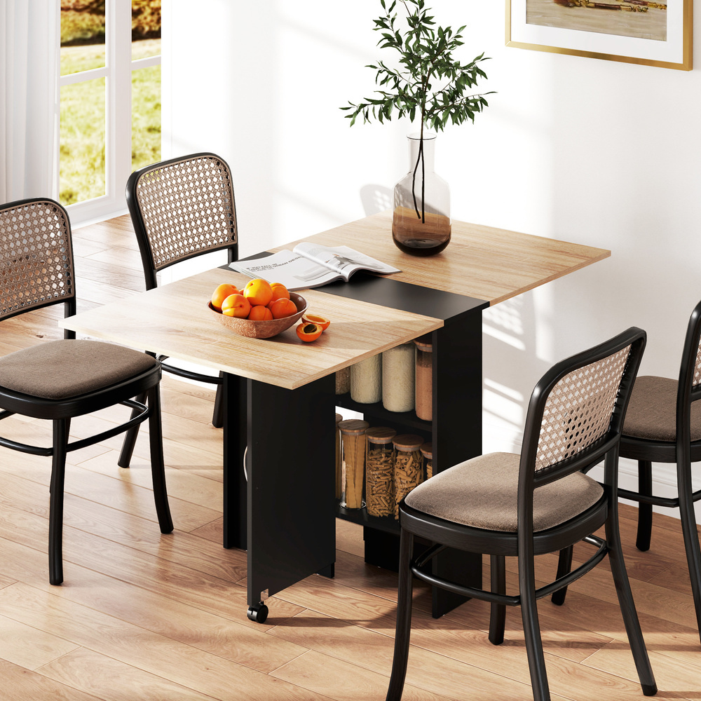 HOMCOM 80-140 cm Folding Dining Table for 4-6 People, Drop Leaf Table with 2-Tier Shelves, Rolling Casters, for Small Spaces, Kitchen, Flat, Dining Room, Oak and Black