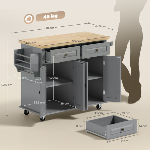 HOMCOM Rolling Kitchen Island Storage Trolley with Rubber Wood Top & Drawers for Dining Room, Grey