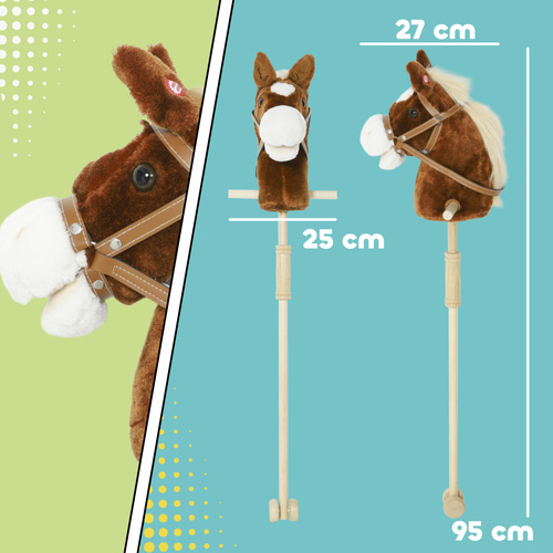 AIYAPLAY Stick Horse with Wood Wheels, Real Pony Neighing and Galloping Sounds, Grip Handle, 95 cm, Brown