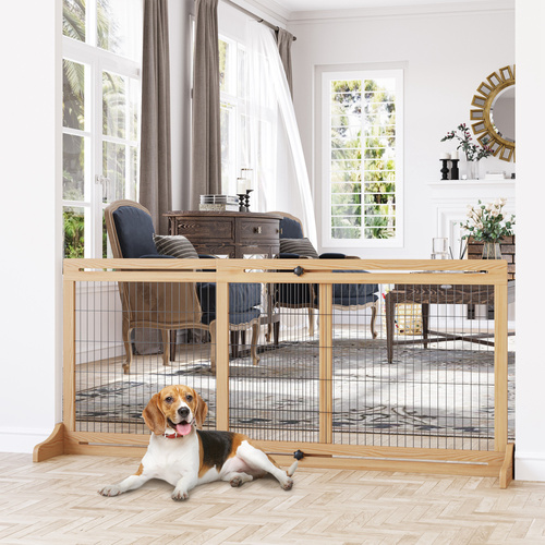 PawHut Freestanding Dog Gate, Foldable Pet Fence, Indoor Wood Barrier, Stair Gate with Support Feet, for Doorway, Hallway, Small and Medium Dogs, 69H x 104-180 cm, Natural Wood Finish