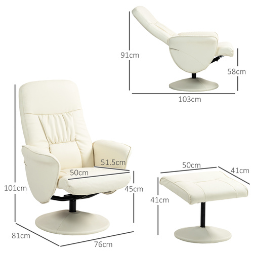 HOMCOM Swivel Recliner Chair with Footstool, PU Leather Armchair and Ottoman with High Back and Round Base for Living Room, Cream White