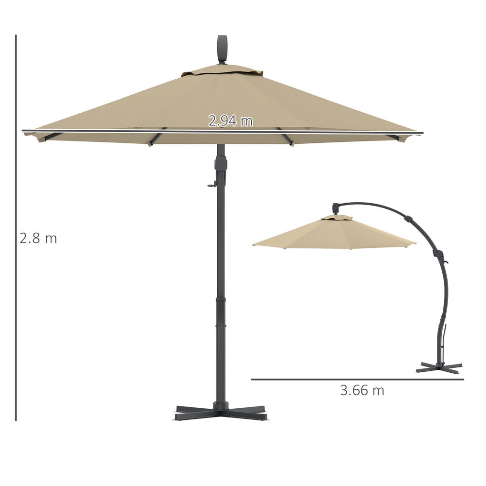 Outsunny 3(m) Garden Cantilever Parasol, Round Overhanging Umbrella with Crank Handle, Cross Base, Aluminium Frame and 360° Rotation, Banana Patio Umbrella for Outdoor Sun Shade, Khaki