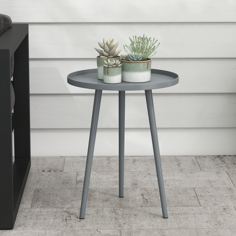 Outsunny Round Garden Coffee Table, Outdoor Side Table with Rounded Steel Edge, Ø40 x 50H cm, Grey