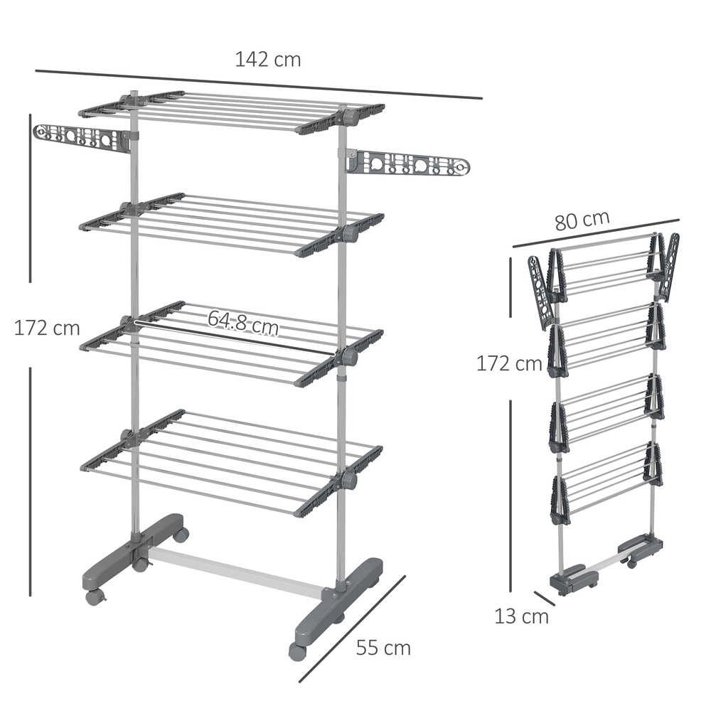 HOMCOM Four-Shelf Collapsing Clothes Horse, With Side Arms and Wheels - Grey