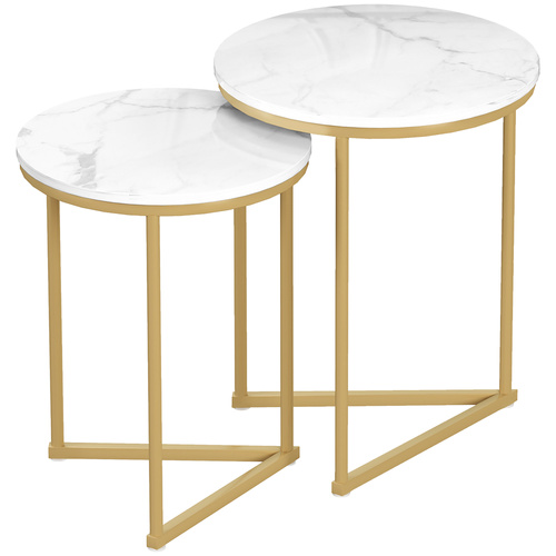 HOMCOM Set of Two Marble-Effect Nest of Tables - White/Gold-Tone