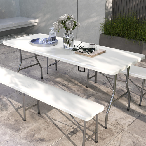 Outsunny Folding Garden Table, 180 x 75cm Rectangular HDPE Outdoor Picnic Table for 6, Metal Frame for Patio, Park, White