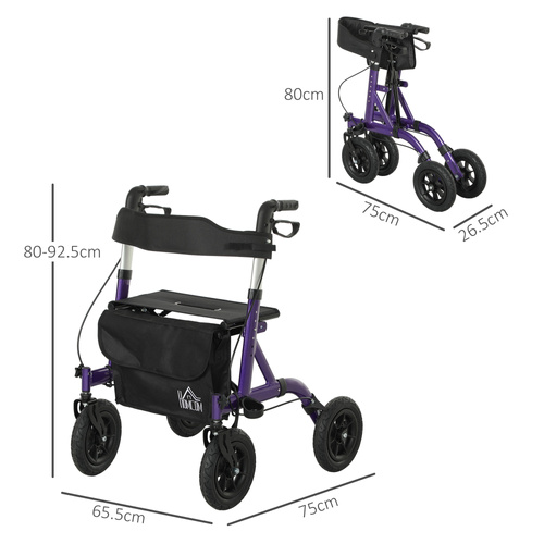HOMCOM Folding Adjustable Rollator with Dual Brakes & 6 Adjustable Handle Heights for Seniors Purple