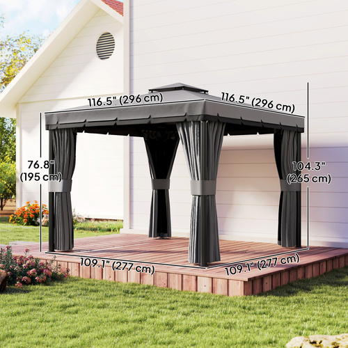 Outsunny 3 x 3(m) Patio Gazebo Canopy Garden Pavilion Tent Shelter Marquee with 2 Tier Roof, Netting and Curtains, Light Grey