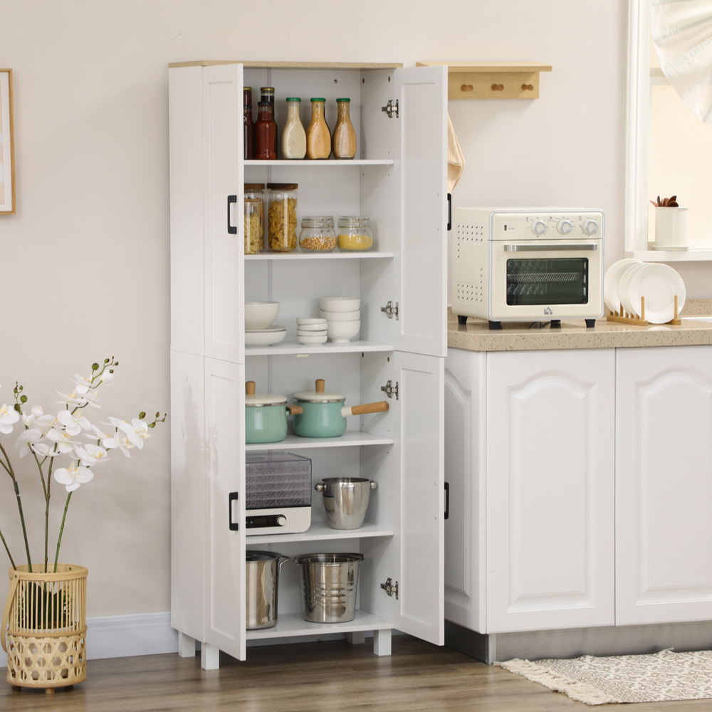 HOMCOM Freestanding Kitchen Cupboard, 4-Door Storage Cabinet Organizer with Adjustable Shelves White Embossed Wood Grain