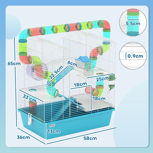 PawHut 4 Tier Hamster Cage w/ Tubes, Exercise Wheel, Hut, Water Bottle, Food Dish, Ramps, for Dwarf Hamster, Light Blue