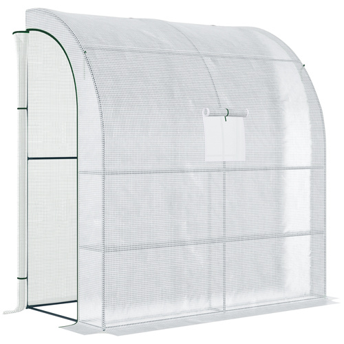 Outsunny Walk-In Lean to Wall Greenhouse with Windows and Doors, Outdoor Green House with 3 Tiers 4 Wired Shelves, 200L x 100W x 215Hcm, White