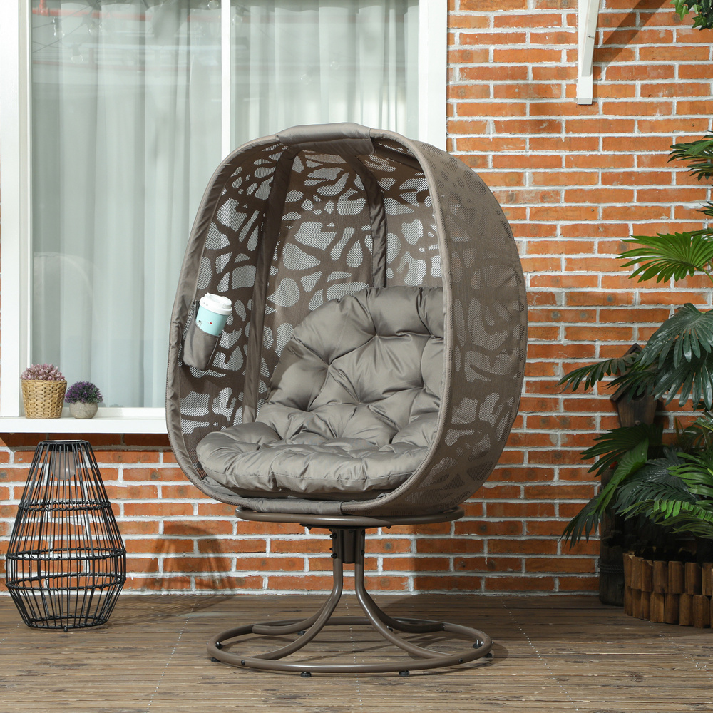 Outsunny Swivel Egg Chair with Cushions, Foldable Basket Seat and Metal Frame, Indoor Outdoor Lounge Chair for Balcony, Poolside, Patio and Living Room, Sand Brown