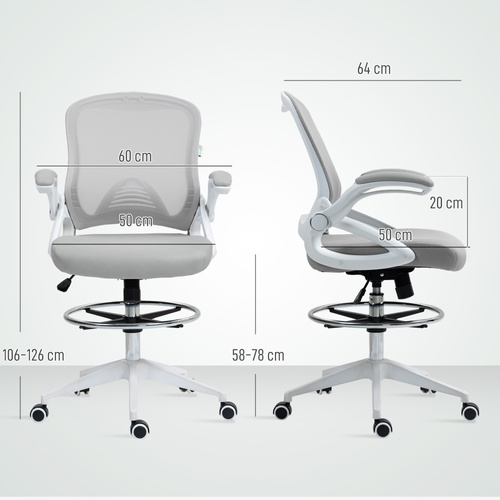 Vinsetto Drafting Chair with Flip-up Armrest, Mesh Office Stool with Foot Ring, 360 Degree Swivel Height Adjustable Chair for Standing Desk, Light Grey