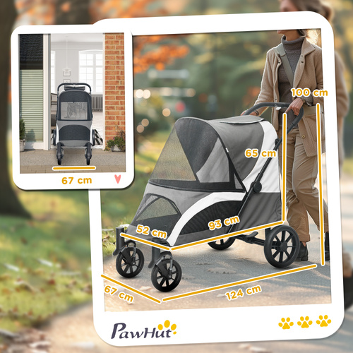 PawHut Foldable Pet Stroller for Large Dogs with 4 Big Wheels, Shock-Absorbing Frame, Safety Leashes, Brakes, Dark Grey