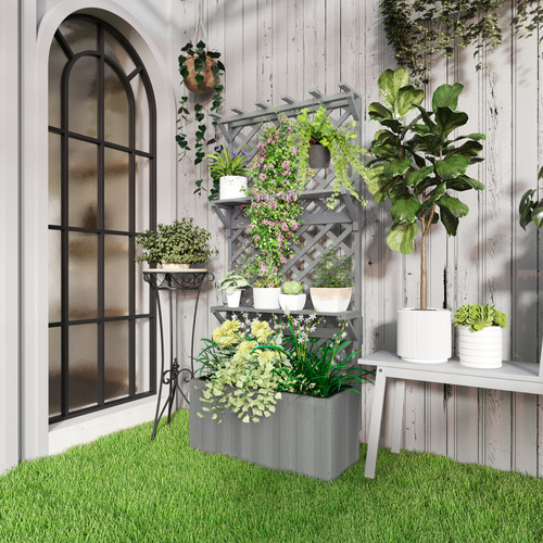 Outsunny 52L Wooden Planter, with Trellis and Shelves - Grey