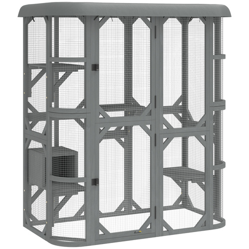PawHut Catio Outdoor Cat Enclosure, Wooden Cat House with Platforms, Condo and Waterproof Cover for 2–3 Kittens, Grey