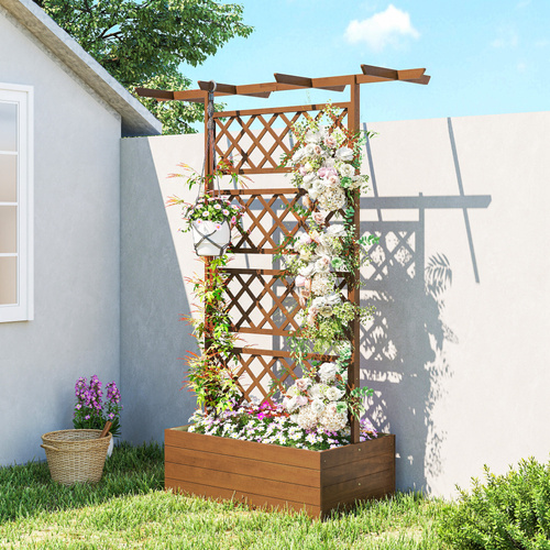 Outsunny Wooden Trellis Planter Box, Raised Garden Bed to Grow Vegetables, Herbs and Flowers, Orange