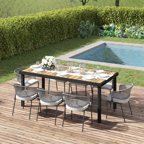 Outsunny Aluminium Outdoor Garden Dining Table for 8 People, Faux Wood Top, for Garden, Patio, 190 x 90 x 74 cm, Natural