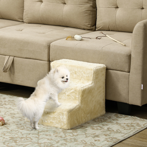 PawHut Three-Step Dog Stairs, with Washable Plush Cover, for High Bed Sofa, Dog Stairs for Small Dog and Cat - Beige