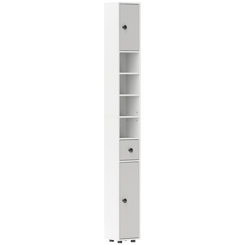 kleankin 180cm Slim Bathroom Cabinet, with Drawer, Shelves and Cupboards - Light Grey