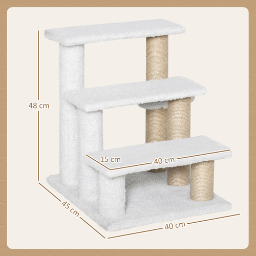 PawHut Pet Stair with 3-step Climb Ladder, Scratching Posts, Platforms, Toy Ball, for Indoor Elderly Cats Kittens, White