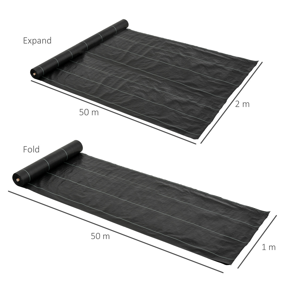Outsunny 2m x 50m Weed Control Membrane, Heavy Duty Weed Control Barrier Fabric, 90gsm Ground Cover for Patios, Garden, Flower beds, Landscaping