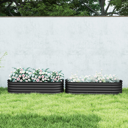 Outsunny Galvanised Raised Garden Bed, Metal Planter Box with Safety Edging, for Flowers, Herbs, Succulents, Pack of 2, Dark Grey