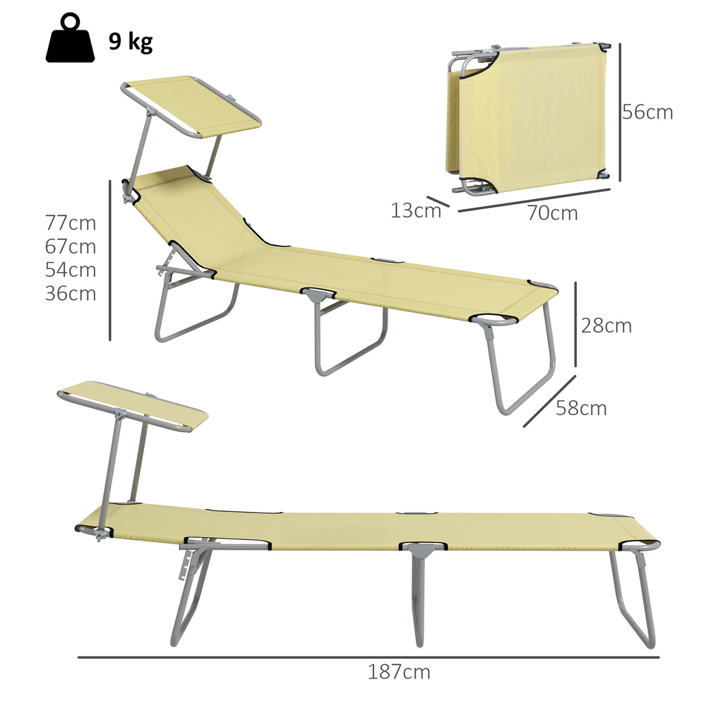 Outsunny Outdoor Foldable Sun Lounger Set of 2, 4 Level Adjustable Backrest Reclining Sun Lounger Chair with Angle Adjust Sun Shade Awning for Beach, Garden, Patio, Beige
