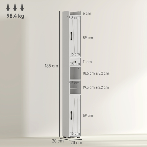 HOMCOM Tall Bathroom Cabinet, Farmhouse Slim Bathroom Storage Cabinet with Barn Doors, Toilet Paper Roll Holder, Drawer and Adjustable Shelves, Narrow Bathroom Storage Unit, 20 x 20 x 185cm, White
