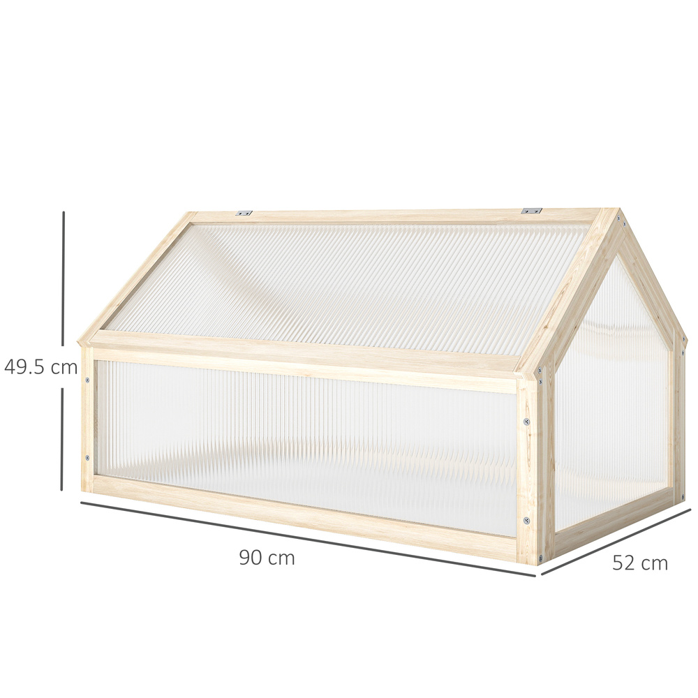 Outsunny Wooden Cold Frame Garden Polycarbonate Greenhouse with Openable Top Cover, Grow House for Flowers, Vegetables, Plants, 90 x 52 x 50cm, Natural