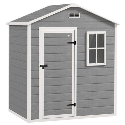 Outsunny 6 x 4ft Plastic Shed with Floor, Wood Effect Resin Garden Shed with Window, Lockable Door, Lock and Keys, Vents, All Weather Resistant for Outdoor, Patio, Lawn, Grey