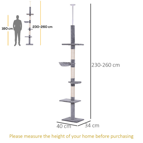 PawHut Floor to Ceiling Cat Tree 230-260cm Height Adjustable, 5-Tier Cat Tower with Scratching Posts, Hammock, Perches, Climbing Activity Centre for Indoor Kittens Playing and Relaxing, Grey