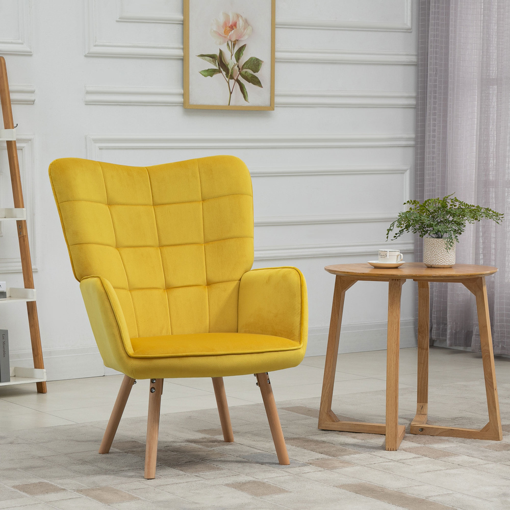HOMCOM Modern Accent Chair, Upholstered Tufted Wingback Armchair with Seat Padding, Velvet Leisure Lounge Bedroom Chair with Wood Legs, Yellow