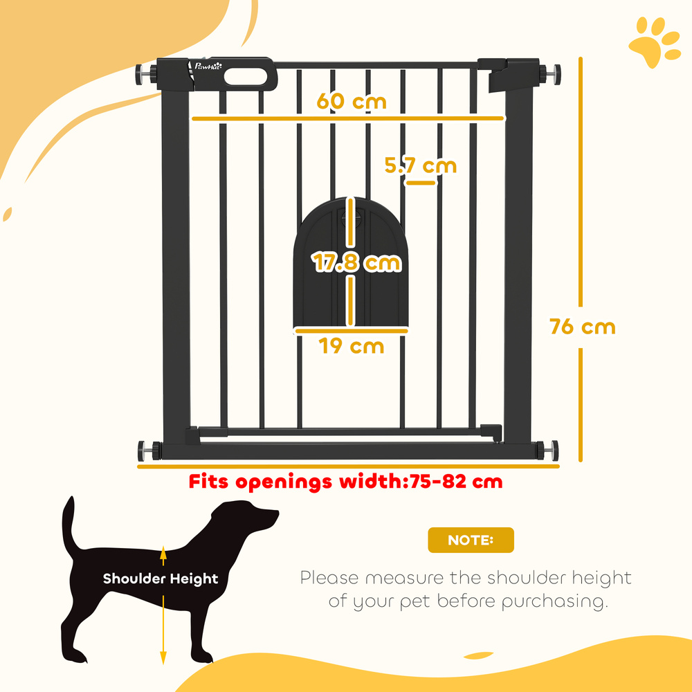 PawHut Dog Gate with Cat Flap Pet Safety Gate Barrier, Stair Pressure Fit, Auto Close, Double Locking, for Doorways, Hallways, 75-82 cm Black