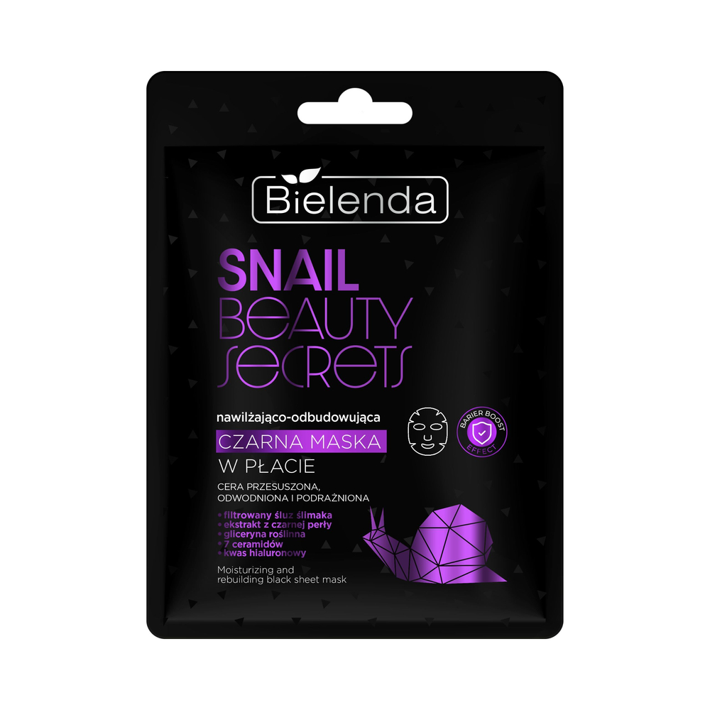 Bielenda Snail Beauty Secret Nawilżająco - Odbudowująca Czarna Maska w Płacie z Filtrowanym Śluzem Ślimaka dla Skóry Suchej Odwodnionej i Podrażnionej 1 Sztuka