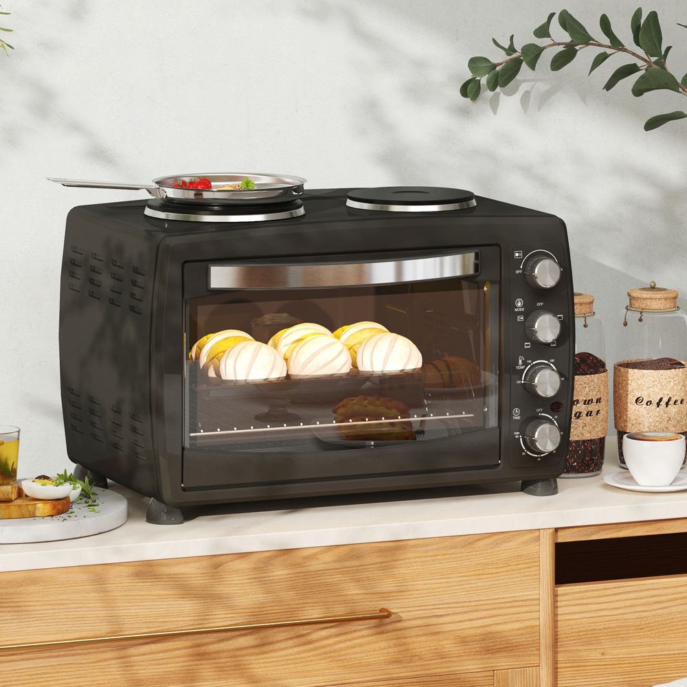 HOMCOM 36L Small Oven with 2 Hot Plates, Countertop Toaster Oven, Grill, Roast, Bake, Boil, with Timer, Adjustable Temperature, Electric Oven with Baking Tray, Grill Rack, Crumb Tray, 2600W, Black