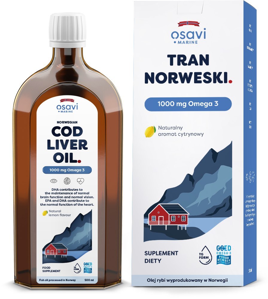 Osavi Norwegian Cod Liver Oil 1000mg Omega 3 Wspomaga Zdrowie Serca Mózgu i Prawidłowe Widzenie Smak Cytrynowy 500ml