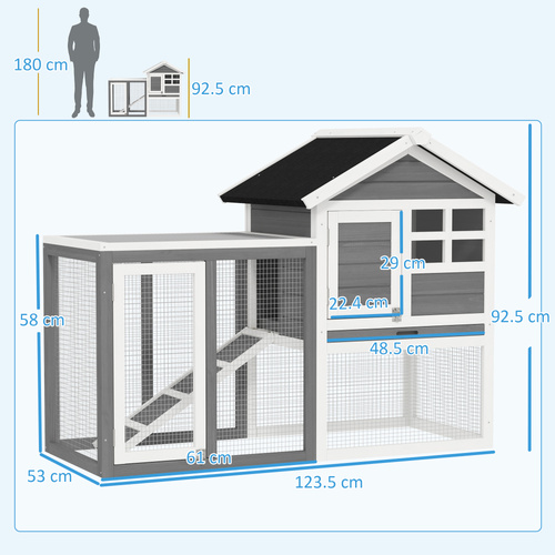 PawHut Rabbit Hutch Outdoor Wooden Guinea Pig Hutch Rabbit Run Bunny Cage Small Animal House Pull-Out Tray, Grey, 124 x 63 x 93 cm