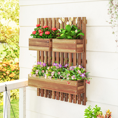 Outsunny Wall-mounted Wooden Garden Planters with Trellis, Drainage Holes and 3 Planter Boxes for Patio, Carbonised